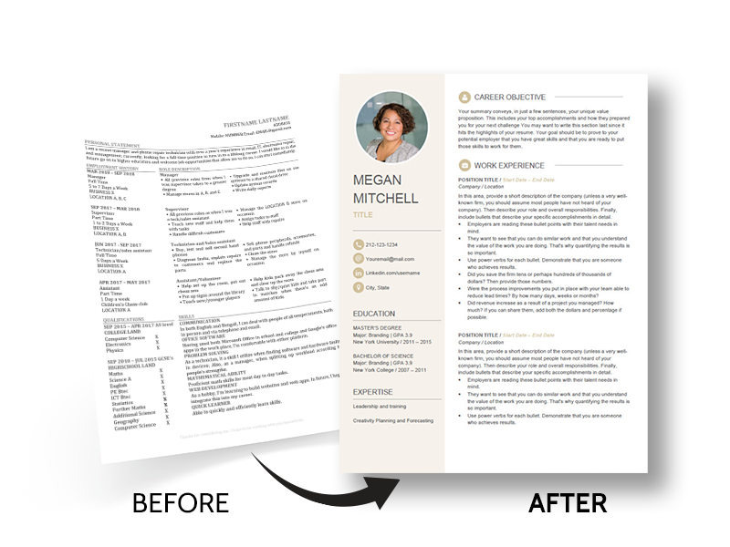 Beautiful Resume templates before and after